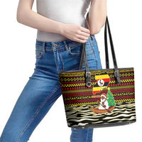 Uganda Christmas Leather Tote Bag with Santa in Canoe Christmas Tree Uganda Map Flag and Black Red Yellow Tribal Pattern Design - Wonder Print Shop