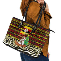 Uganda Christmas Leather Tote Bag with Santa in Canoe Christmas Tree Uganda Map Flag and Black Red Yellow Tribal Pattern Design - Wonder Print Shop