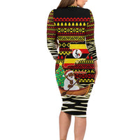 Uganda Christmas Long Sleeve Bodycon Dress with Santa in Canoe Christmas Tree Uganda Map Flag and Black Red Yellow Tribal Pattern Design - Wonder Print Shop