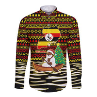 Uganda Christmas Long Sleeve Button Shirt with Santa in Canoe Christmas Tree Uganda Map Flag and Black Red Yellow Tribal Pattern Design - Wonder Print Shop