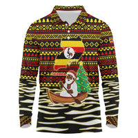 Uganda Christmas Long Sleeve Polo Shirt with Santa in Canoe Christmas Tree Uganda Map Flag and Black Red Yellow Tribal Pattern Design - Wonder Print Shop