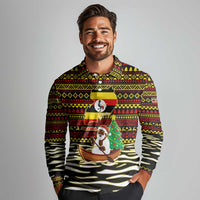 Uganda Christmas Long Sleeve Polo Shirt with Santa in Canoe Christmas Tree Uganda Map Flag and Black Red Yellow Tribal Pattern Design - Wonder Print Shop
