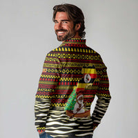 Uganda Christmas Long Sleeve Polo Shirt with Santa in Canoe Christmas Tree Uganda Map Flag and Black Red Yellow Tribal Pattern Design - Wonder Print Shop