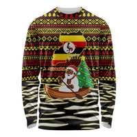 Uganda Christmas Long Sleeve Shirt with Santa in Canoe Christmas Tree Uganda Map Flag and Black Red Yellow Tribal Pattern Design - Wonder Print Shop