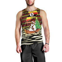 Uganda Christmas Men Tank Top with Santa in Canoe Christmas Tree Uganda Map Flag and Black Red Yellow Tribal Pattern Design - Wonder Print Shop