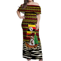 Uganda Christmas Off Shoulder Maxi Dress with Santa in Canoe Christmas Tree Uganda Map Flag and Black Red Yellow Tribal Pattern Design - Wonder Print Shop