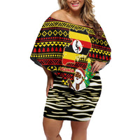 Uganda Christmas Off Shoulder Short Dress with Santa in Canoe Christmas Tree Uganda Map Flag and Black Red Yellow Tribal Pattern Design - Wonder Print Shop