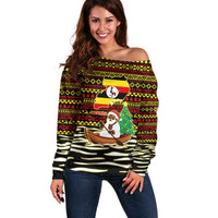Uganda Christmas Off Shoulder Sweater with Santa in Canoe Christmas Tree Uganda Map Flag and Black Red Yellow Tribal Pattern Design - Wonder Print Shop