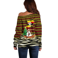 Uganda Christmas Off Shoulder Sweater with Santa in Canoe Christmas Tree Uganda Map Flag and Black Red Yellow Tribal Pattern Design - Wonder Print Shop