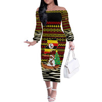 Uganda Christmas Off The Shoulder Long Sleeve Dress with Santa in Canoe Christmas Tree Uganda Map Flag and Black Red Yellow Tribal Pattern Design - Wonder Print Shop