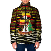 Uganda Christmas Padded Jacket with Santa in Canoe Christmas Tree Uganda Map Flag and Black Red Yellow Tribal Pattern Design - Wonder Print Shop