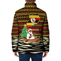 Uganda Christmas Padded Jacket with Santa in Canoe Christmas Tree Uganda Map Flag and Black Red Yellow Tribal Pattern Design - Wonder Print Shop