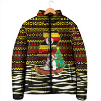 Uganda Christmas Padded Jacket with Santa in Canoe Christmas Tree Uganda Map Flag and Black Red Yellow Tribal Pattern Design - Wonder Print Shop