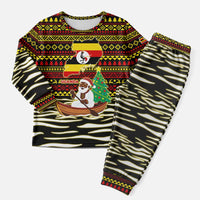 Uganda Christmas Pajama Set with Santa in Canoe Christmas Tree Uganda Map Flag and Black Red Yellow Tribal Pattern Design - Wonder Print Shop