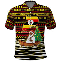 Uganda Christmas Polo Shirt with Santa in Canoe Christmas Tree Uganda Map Flag and Black Red Yellow Tribal Pattern Design - Wonder Print Shop