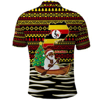 Uganda Christmas Polo Shirt with Santa in Canoe Christmas Tree Uganda Map Flag and Black Red Yellow Tribal Pattern Design - Wonder Print Shop
