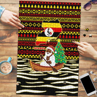 Uganda Christmas Puzzle with Santa in Canoe Christmas Tree Uganda Map Flag and Black Red Yellow Tribal Pattern Design - Wonder Print Shop