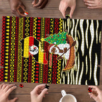 Uganda Christmas Puzzle with Santa in Canoe Christmas Tree Uganda Map Flag and Black Red Yellow Tribal Pattern Design - Wonder Print Shop