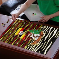Uganda Christmas Puzzle with Santa in Canoe Christmas Tree Uganda Map Flag and Black Red Yellow Tribal Pattern Design - Wonder Print Shop