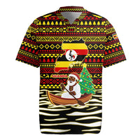 Uganda Christmas Rugby Jersey with Santa in Canoe Christmas Tree Uganda Map Flag and Black Red Yellow Tribal Pattern Design - Wonder Print Shop
