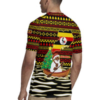 Uganda Christmas Rugby Jersey with Santa in Canoe Christmas Tree Uganda Map Flag and Black Red Yellow Tribal Pattern Design - Wonder Print Shop