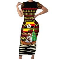Uganda Christmas Short Sleeve Bodycon Dress with Santa in Canoe Christmas Tree Uganda Map Flag and Black Red Yellow Tribal Pattern Design - Wonder Print Shop