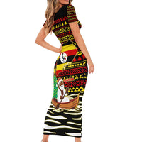 Uganda Christmas Short Sleeve Bodycon Dress with Santa in Canoe Christmas Tree Uganda Map Flag and Black Red Yellow Tribal Pattern Design - Wonder Print Shop