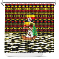 Uganda Christmas Shower Curtain with Santa in Canoe Christmas Tree Uganda Map Flag and Black Red Yellow Tribal Pattern Design - Wonder Print Shop