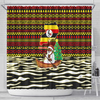 Uganda Christmas Shower Curtain with Santa in Canoe Christmas Tree Uganda Map Flag and Black Red Yellow Tribal Pattern Design - Wonder Print Shop