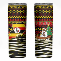 Uganda Christmas Skinny Tumbler with Santa in Canoe Christmas Tree Uganda Map Flag and Black Red Yellow Tribal Pattern Design - Wonder Print Shop