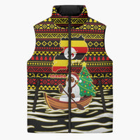 Uganda Christmas Sleeveless Puffer Jacket with Santa in Canoe Christmas Tree Uganda Map Flag and Black Red Yellow Tribal Pattern Design - Wonder Print Shop