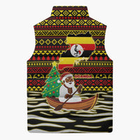 Uganda Christmas Sleeveless Puffer Jacket with Santa in Canoe Christmas Tree Uganda Map Flag and Black Red Yellow Tribal Pattern Design - Wonder Print Shop