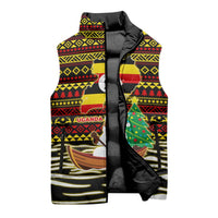 Uganda Christmas Sleeveless Puffer Jacket with Santa in Canoe Christmas Tree Uganda Map Flag and Black Red Yellow Tribal Pattern Design - Wonder Print Shop
