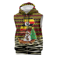 Uganda Christmas Sleeveless Zip Hoodie with Santa in Canoe Christmas Tree Uganda Map Flag and Black Red Yellow Tribal Pattern Design - Wonder Print Shop