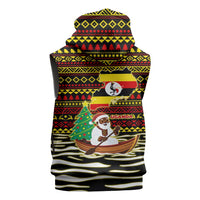 Uganda Christmas Sleeveless Zip Hoodie with Santa in Canoe Christmas Tree Uganda Map Flag and Black Red Yellow Tribal Pattern Design - Wonder Print Shop