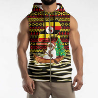 Uganda Christmas Sleeveless Zip Hoodie with Santa in Canoe Christmas Tree Uganda Map Flag and Black Red Yellow Tribal Pattern Design - Wonder Print Shop