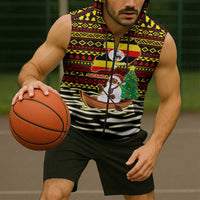 Uganda Christmas Sleeveless Zip Hoodie with Santa in Canoe Christmas Tree Uganda Map Flag and Black Red Yellow Tribal Pattern Design - Wonder Print Shop
