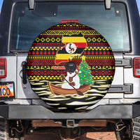 Uganda Christmas Spare Tire Cover with Santa in Canoe Christmas Tree Uganda Map Flag and Black Red Yellow Tribal Pattern Design - Wonder Print Shop
