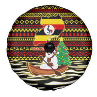 Uganda Christmas Spare Tire Cover with Santa in Canoe Christmas Tree Uganda Map Flag and Black Red Yellow Tribal Pattern Design - Wonder Print Shop