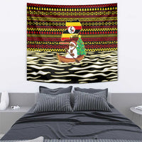 Uganda Christmas Tapestry with Santa in Canoe Christmas Tree Uganda Map Flag and Black Red Yellow Tribal Pattern Design - Wonder Print Shop