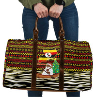Uganda Christmas Travel Bag with Santa in Canoe Christmas Tree Uganda Map Flag and Black Red Yellow Tribal Pattern Design - Wonder Print Shop