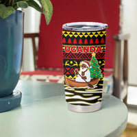 Uganda Christmas Tumbler Cup with Santa in Canoe Christmas Tree Uganda Map Flag and Black Red Yellow Tribal Pattern Design - Wonder Print Shop