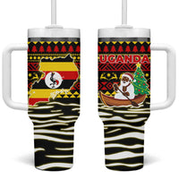 Uganda Christmas Tumbler With Handle with Santa in Canoe Christmas Tree Uganda Map Flag and Black Red Yellow Tribal Pattern Design - Wonder Print Shop