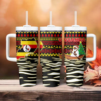 Uganda Christmas Tumbler With Handle with Santa in Canoe Christmas Tree Uganda Map Flag and Black Red Yellow Tribal Pattern Design - Wonder Print Shop