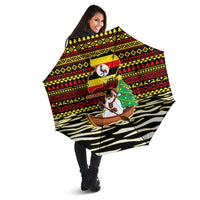 Uganda Christmas Umbrella with Santa in Canoe Christmas Tree Uganda Map Flag and Black Red Yellow Tribal Pattern Design - Wonder Print Shop