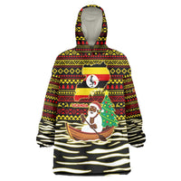 Uganda Christmas Wearable Blanket Hoodie with Santa in Canoe Christmas Tree Uganda Map Flag and Black Red Yellow Tribal Pattern Design - Wonder Print Shop