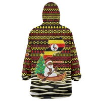 Uganda Christmas Wearable Blanket Hoodie with Santa in Canoe Christmas Tree Uganda Map Flag and Black Red Yellow Tribal Pattern Design - Wonder Print Shop