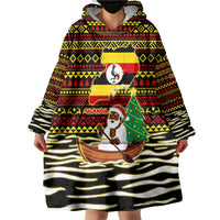 Uganda Christmas Wearable Blanket Hoodie with Santa in Canoe Christmas Tree Uganda Map Flag and Black Red Yellow Tribal Pattern Design - Wonder Print Shop