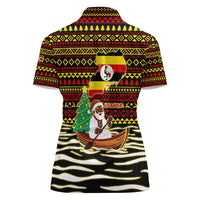 Uganda Christmas Women Polo Shirt with Santa in Canoe Christmas Tree Uganda Map Flag and Black Red Yellow Tribal Pattern Design - Wonder Print Shop