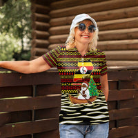 Uganda Christmas Women Polo Shirt with Santa in Canoe Christmas Tree Uganda Map Flag and Black Red Yellow Tribal Pattern Design - Wonder Print Shop